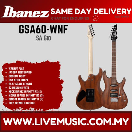 Ibanez GSA60 GIO Series Solidbody Electric Guitar - (GSA60-BKN GSA60-WNF GSA60-BS)-Walnut Flat