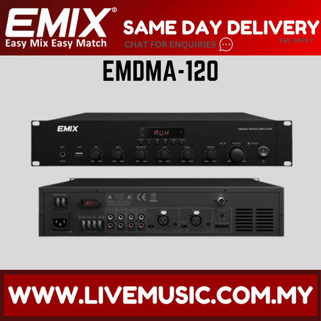 Black rack mixing amplifier with front panel controls and digital display