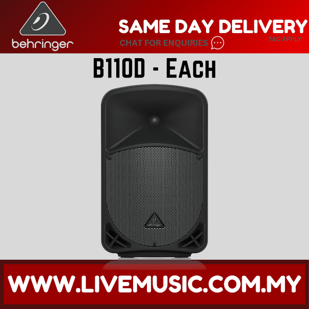 Black powered speaker with front grille and angled tilt stand