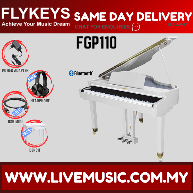 White digital grand piano with keyboard and matching bench