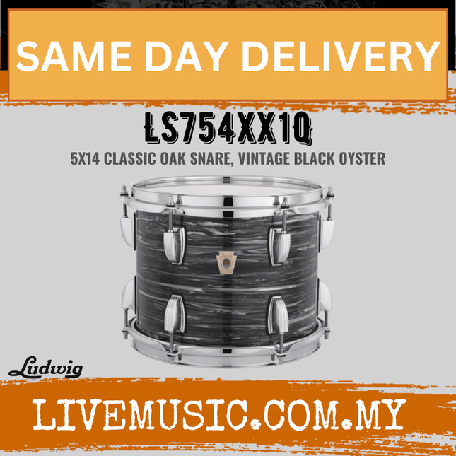 Ludwig LS754XX1Q 5x14inch Classic Oak Snare Drum, Vintage Black Oyster