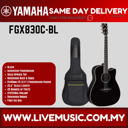 Black dreadnought cutaway acoustic-electric guitar with gig bag, FGX830C