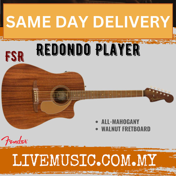 Walnut acoustic guitar with rosette and redondo body, Fender headstock logo
