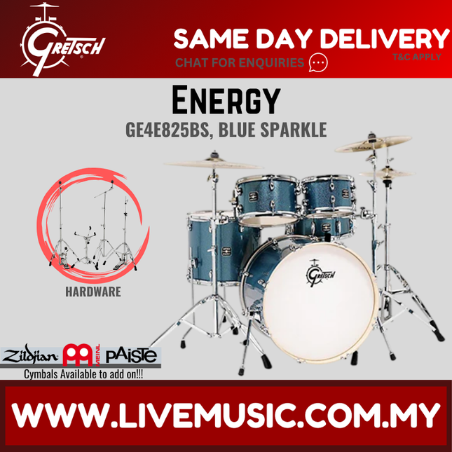 Blue sparkle 5-piece drum set with snare, toms, bass drum, and cymbals