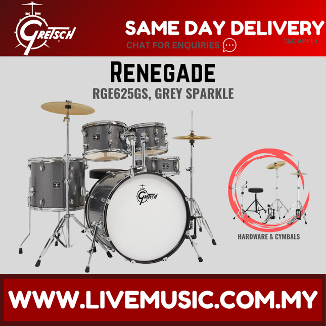 Gretsch Renegade 5-piece drum kit in grey sparkle with cymbals and hardware
