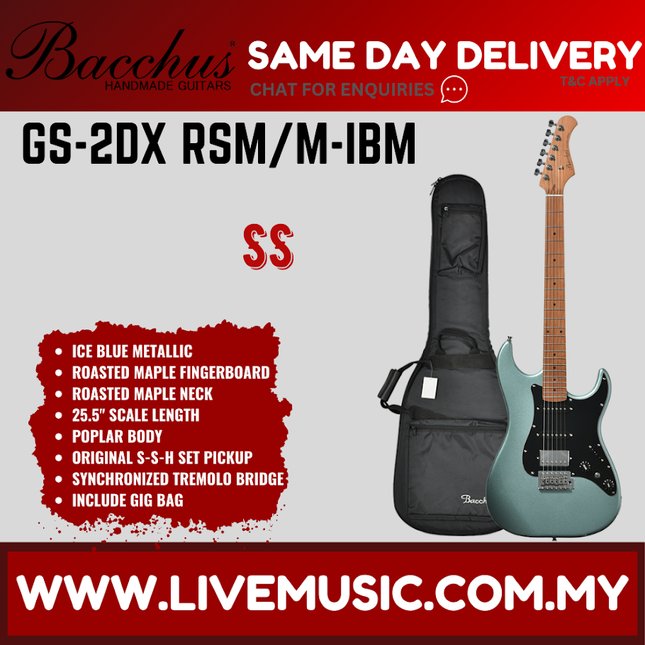 Ice blue metallic electric guitar with roasted maple fingerboard, in black gig bag