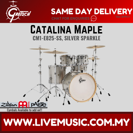 Gretsch Catalina Maple 5-piece drum shell kit in silver sparkle finish, front view