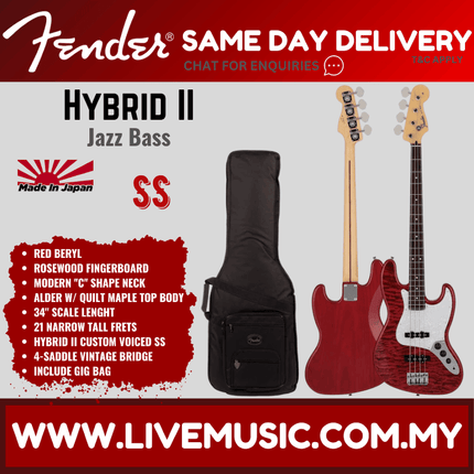 Fender Japan Hybrid II Jazz Bass Guitar w/Quilt Maple Top, RW FB, Red Beryl