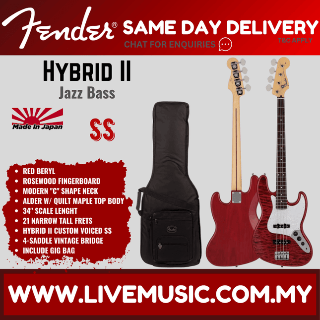 Fender Japan Hybrid II Jazz Bass Guitar w/Quilt Maple Top, RW FB, Red Beryl