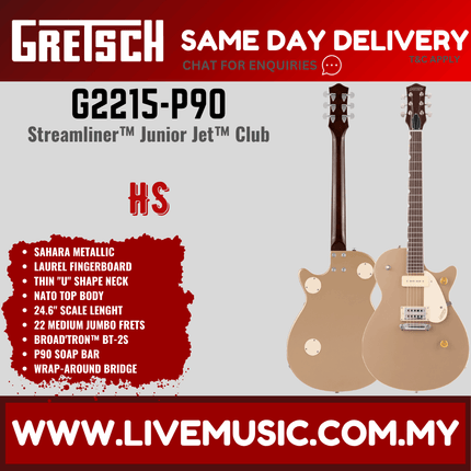 Gretsch G2215-P90 Streamliner Junior Jet Club Electric Guitar, Laurel FB, Sahara Metallic