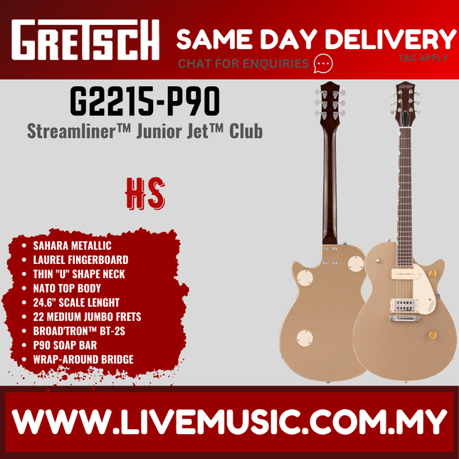 Gretsch G2215-P90 Streamliner Junior Jet Club Electric Guitar, Laurel FB, Sahara Metallic