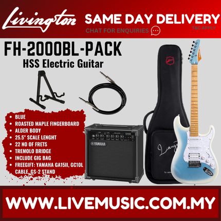 Livingston FH-2000BL HSS electric guitar set with amp and black gig bag