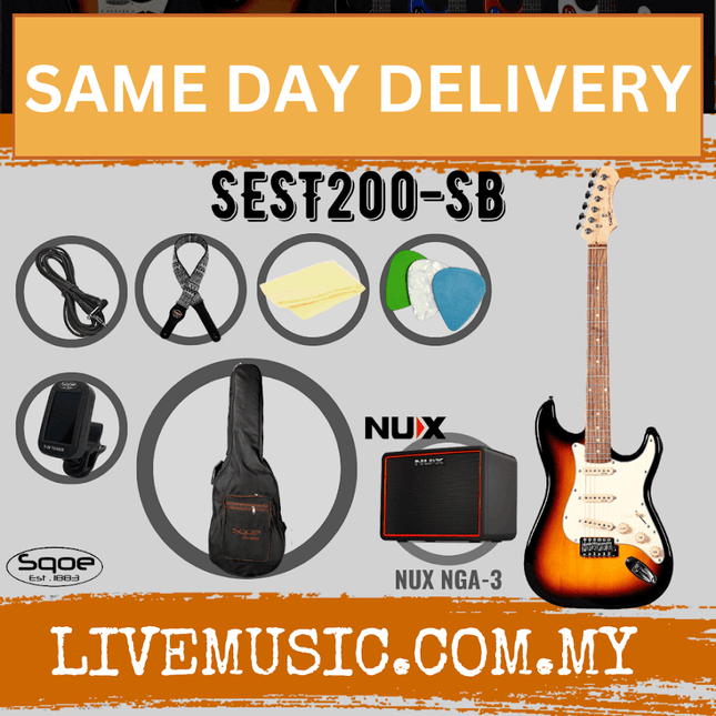 SQOE SEST200 Stratocaster SSS 6-String Electric Guitar with NUX Mighty Lite - Sunburst ( SEST 200 / SEST-200 / NGA-3 / NGA3 )