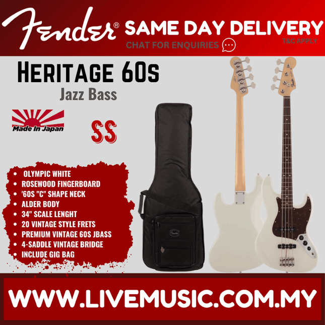 Fender Japan Heritage 60s Jazz Bass Guitar, Rosewood Fretboard - Olympic White
