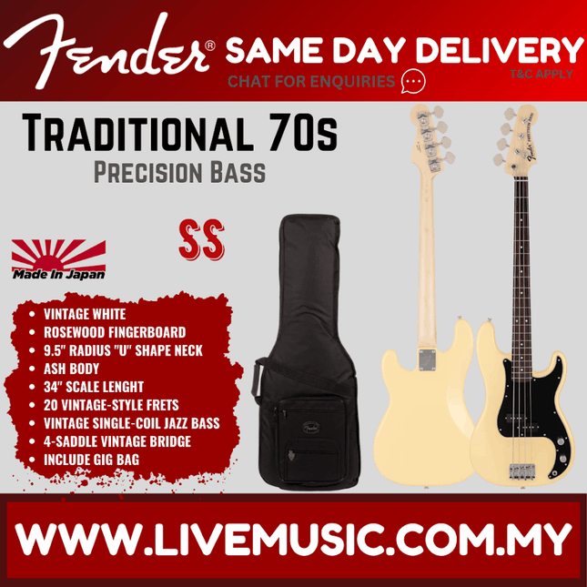 Fender Traditional 70s Precision bass guitar, vintage white, with gig bag