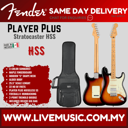 Fender Player Plus HSS Stratocaster Electric Guitar, Maple Fretboard - 3 Tone Sunburst