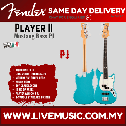 Fender Player II Mustang Bass PJ Guitar, RW FB, Aquatone Blue / Hialeah Yellow / Coral Red