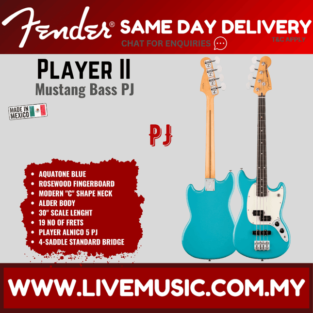 Aquatone blue Mustang Bass PJ electric guitar with rosewood fingerboard.
