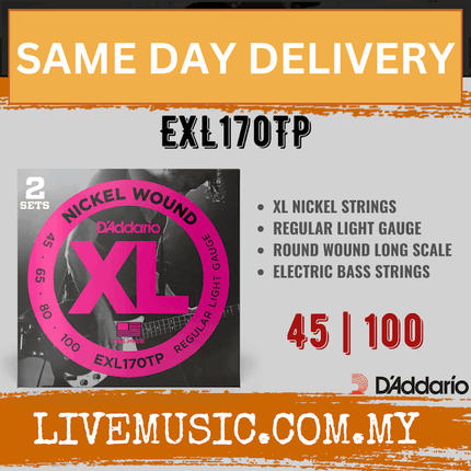 D'addario EXL170TP Xl Nickel Wound Electric Bass Strings, Regular Light, Long Scale, 45-100 Gauge, 2-pack