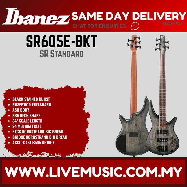 Ibanez Standard SR605E Bass Guitar - Black Stained Burst ( SR605E-CTF SR605E-BKT )