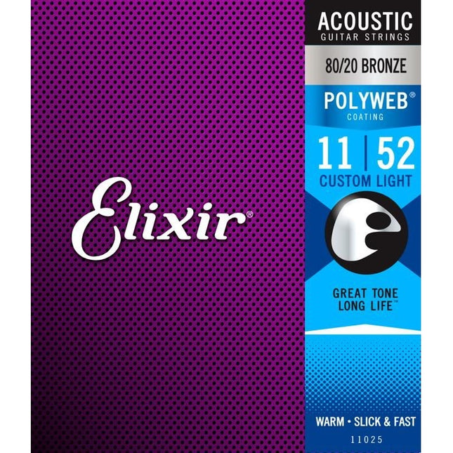 Elixir 11025 Polyweb 80/20 Bronze Acoustic Guitar Strings, Custom Light (11-52)