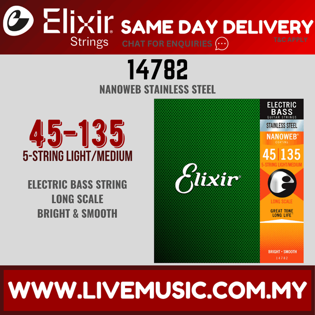 Elixir 14782 Nanoweb Coated Stainless Steel 5-String Electric Bass Guitar String (45-135)