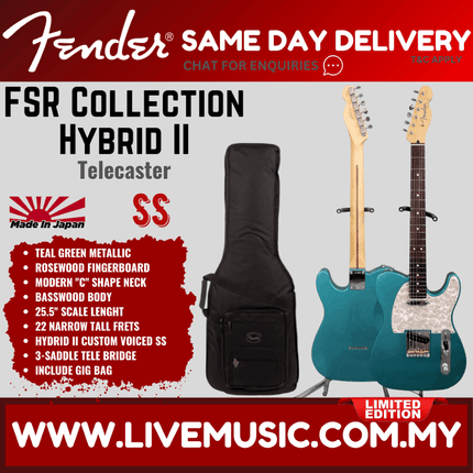 Fender FSR Collection Hybrid II Telecaster Electric Guitar, RW FB - Azurite Metallic/Teal Green Metallic