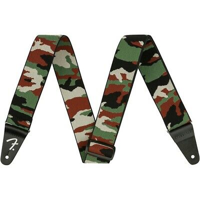 Woodland camo guitar strap with dark gray ends and center adjustment buckle