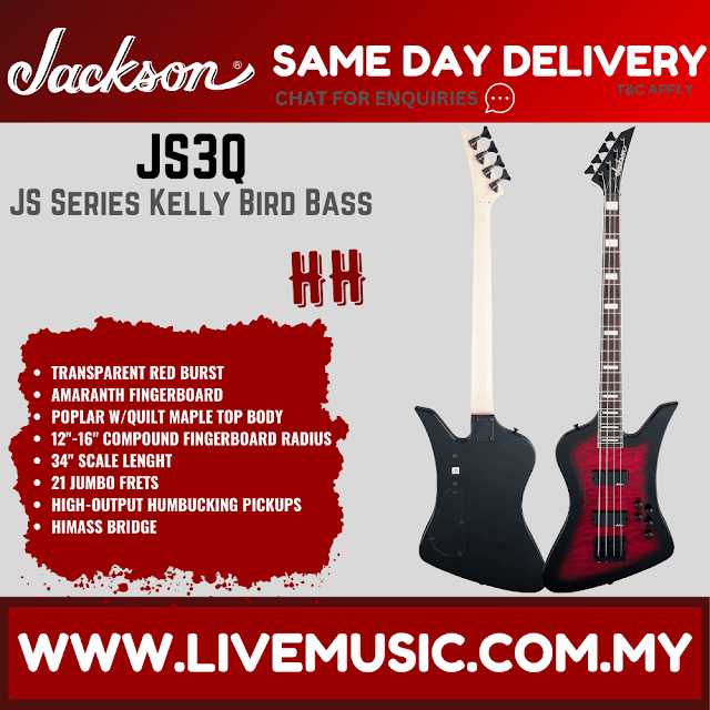 Jackson JS Series Kelly Bird Bass JS3Q Guitar, Amaranth FB, Transparent Red Burst