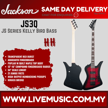 Jackson JS Series Kelly Bird Bass JS3Q Guitar, Amaranth FB, Transparent Red Burst