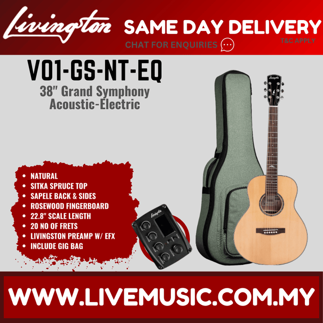 Livingston V01-GS EQ 38" Solid Top Acoustic-Electric Guitar, Rosewood FB, Natural / Orange / Black ( V01 GS V01GS )