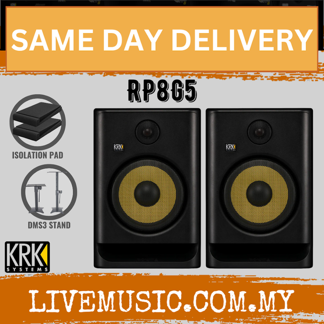KRK RP8G5 Rokit Powered 8 Active Studio Monitors w/Monitor Stand And Isolation Pad - Black - Pair ( RP8G4 )