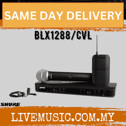 Shure BLX1288/CVL Dual Channel Combo Wireless System, BLX88 Receiver, BLX1 Bodypack Transmitter, BLX2/PG58 Handheld Cardioid Dynamic Mic & CVL Cardioid Condenser Lavalier Mic ( BLX1288-CVL / BLX1288CV