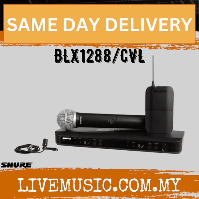 Shure BLX1288/CVL Dual Channel Combo Wireless System, BLX88 Receiver, BLX1 Bodypack Transmitter, BLX2/PG58 Handheld Cardioid Dynamic Mic & CVL Cardioid Condenser Lavalier Mic ( BLX1288-CVL / BLX1288CV