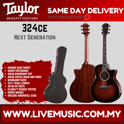Taylor 324ce Next Generation Sapele/Mahogany Grand Auditorium Acoustic Guitar ( 324 ce / 324-ce )