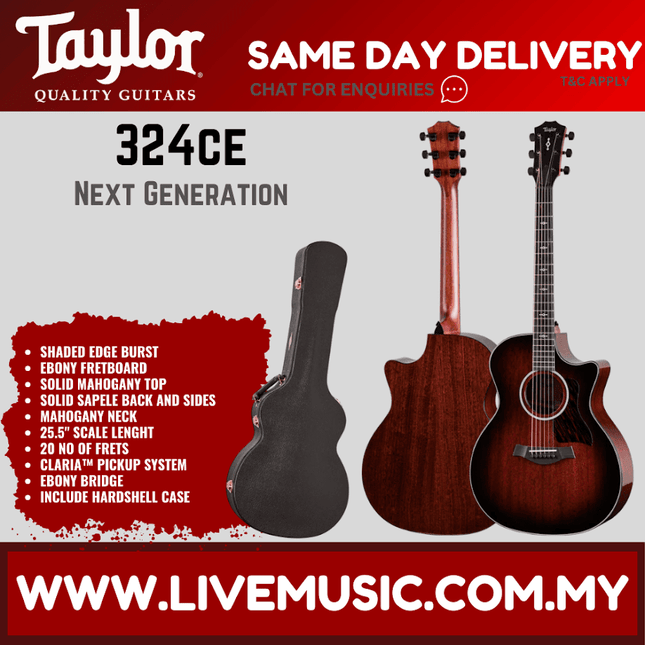 Taylor 324ce acoustic guitar with dark sunburst top and black hard case