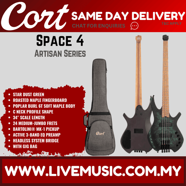Cort Space 4 Headless 4-String Bass Electric Bass Guitar w/ Gig Bag, Roasted Maple Fingerboard - Star Dust Green