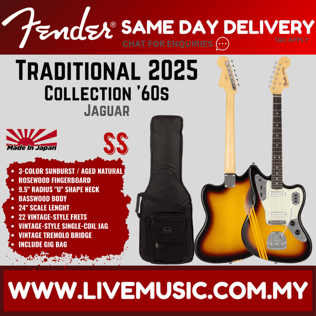Fender Japan Traditional 2025 Collection 60s Jaguar Electric Guitar, RW FB, 3-Tone Sunburst/Aged Nat