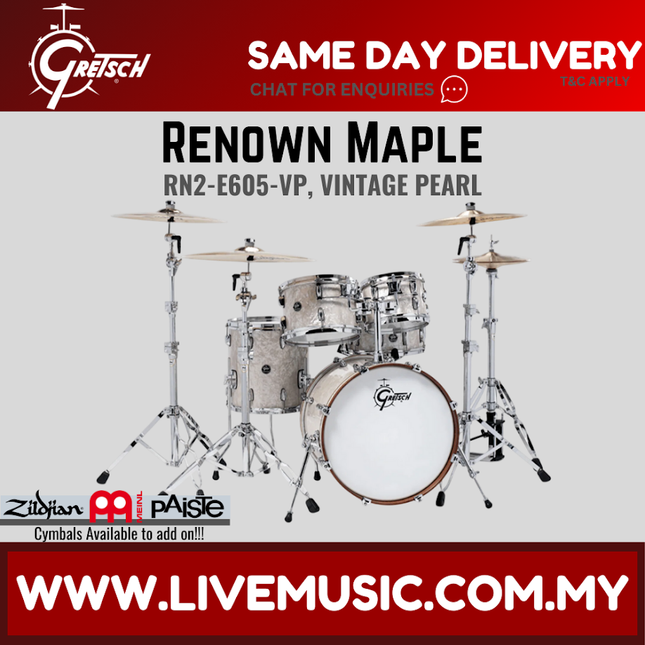 Gretsch RN2-E605-VP Renown Maple 5-Piece Drum Shell Kit Set (20inch Bass), Vintage Pearl