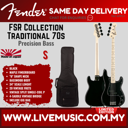 Fender FSR Collection Traditional 70s Precision Bass Guitar, Maple FB, Black