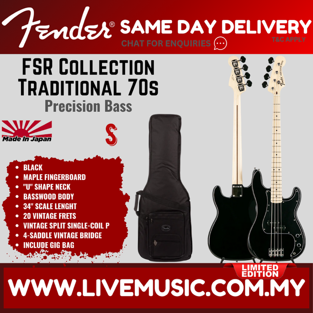 Fender FSR Collection Traditional 70s Precision Bass Guitar, Maple FB, Black