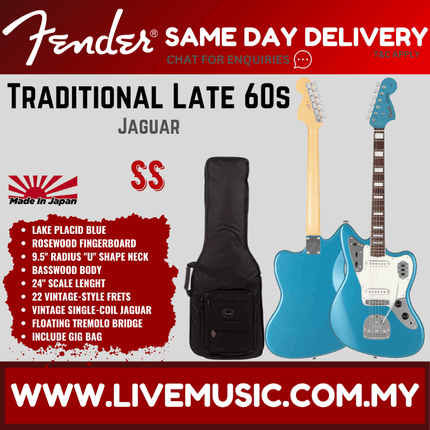 Fender Japan Traditional Late 60s Jaguar Electric Guitar, RW FB, Lake Placid Blue