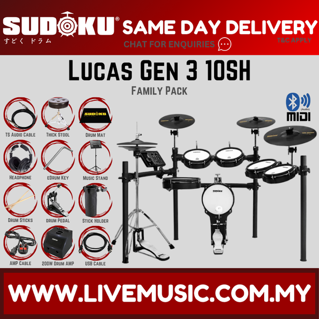 SUDOKU Lucas 10SH Gen3 Plus Series Full Mesh Electronic Drum Set With Accessories
