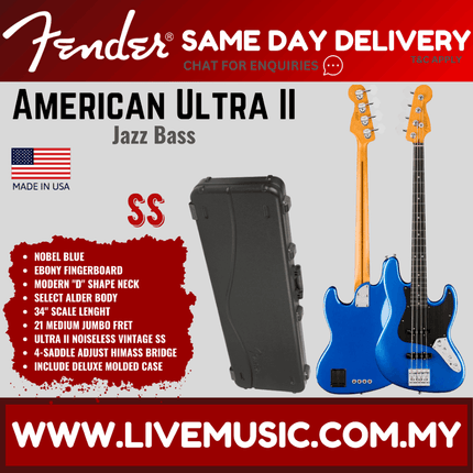 Fender American Ultra II Jazz Bass Guitar, Ebony FB, Noble Blue