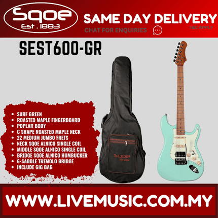 SQOE SEST600 Stratocaster Body HSS Electric Guitar, Roasted Maple Fretboard - Surf Green (SEST-600/SEST 600)