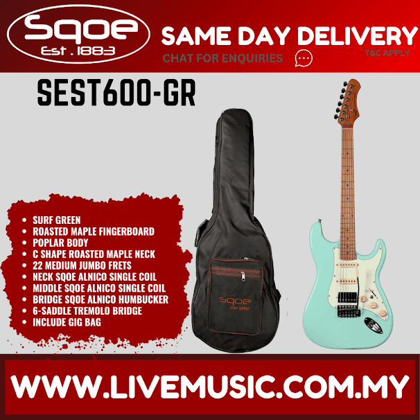 Surf green HSS electric guitar with roasted maple fretboard and gig bag