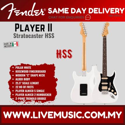 Fender Player II Stratocaster HSS Electric Guitar, RW FB, Polar White