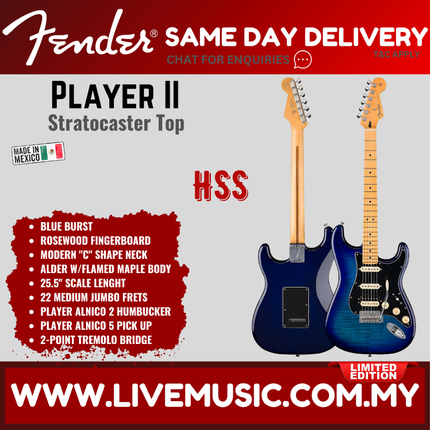 Fender Limited Edition Player II Stratocaster HSS Top Electric Guitar, Maple FB, Blue Burst