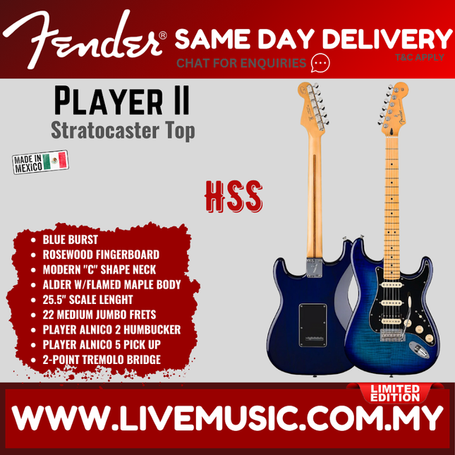 Blue burst electric Stratocaster HSS guitar with maple fingerboard and tremolo