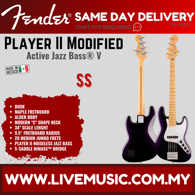 Fender Player II Modified Active Jazz Bass V Guitar, Maple FB, Dusk